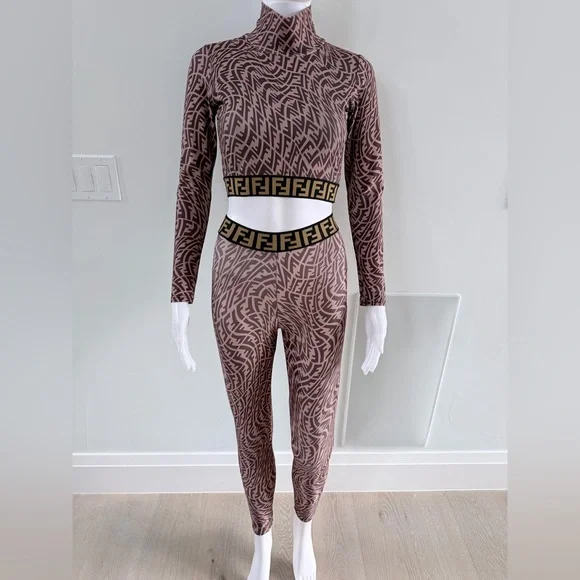 Fendi Geometric Matching Leggings Set - Brown and Black size XS/S - Picture 10 of 16